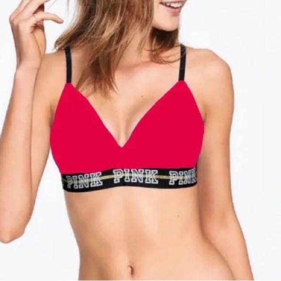 Victoria’s Secret Pink Wireless Lightly Lined Bra Red Black White Gold Logo Band - Picture 2 of 12